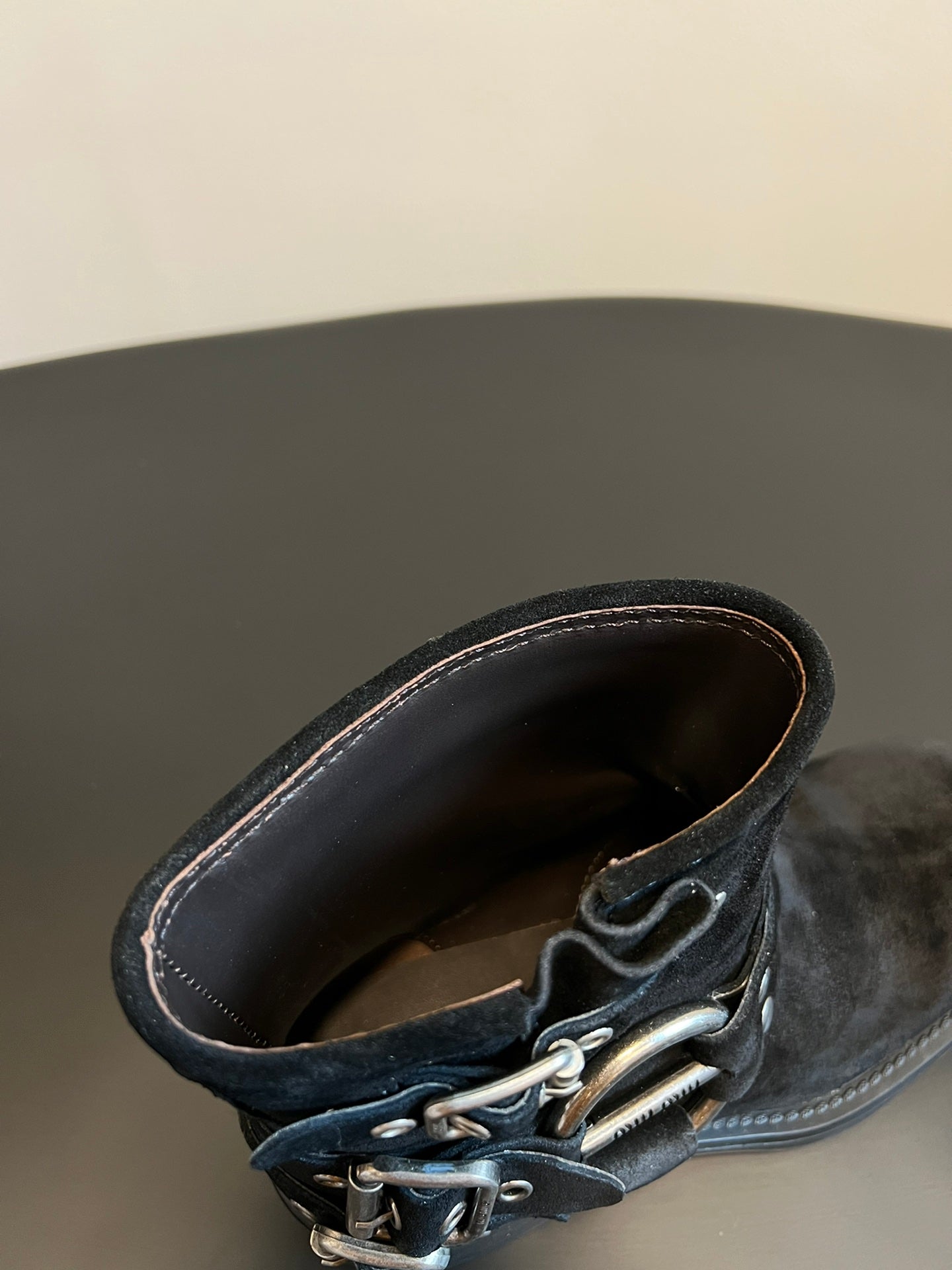 MIUMIU 26S ANKLE BOOTS IN BLACK SUEDE SILVER HARDWARE