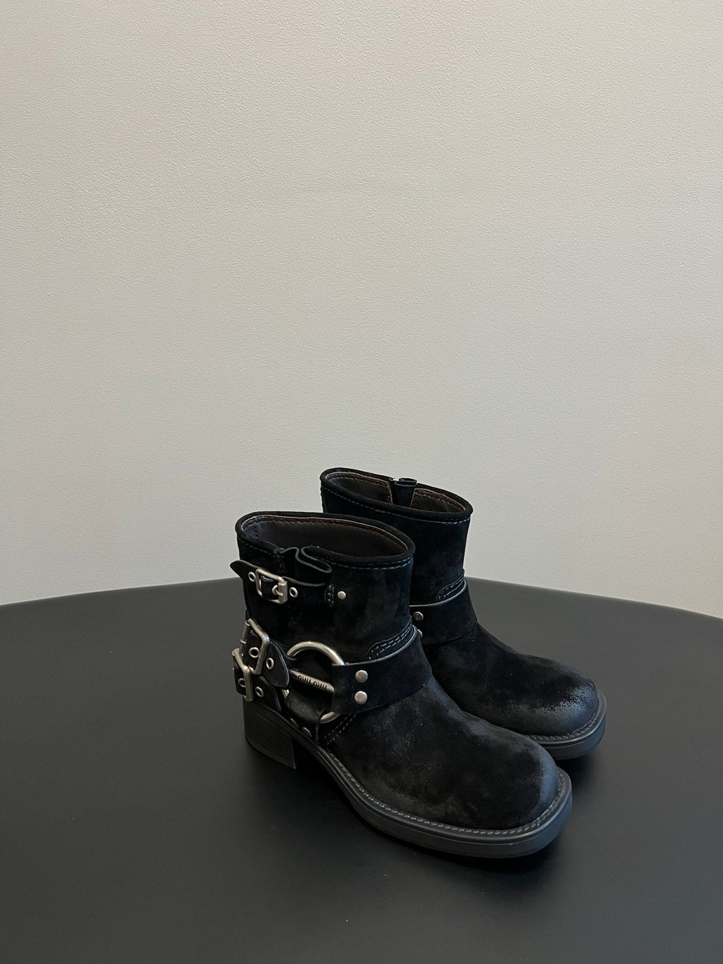 MIUMIU 26S ANKLE BOOTS IN BLACK SUEDE SILVER HARDWARE