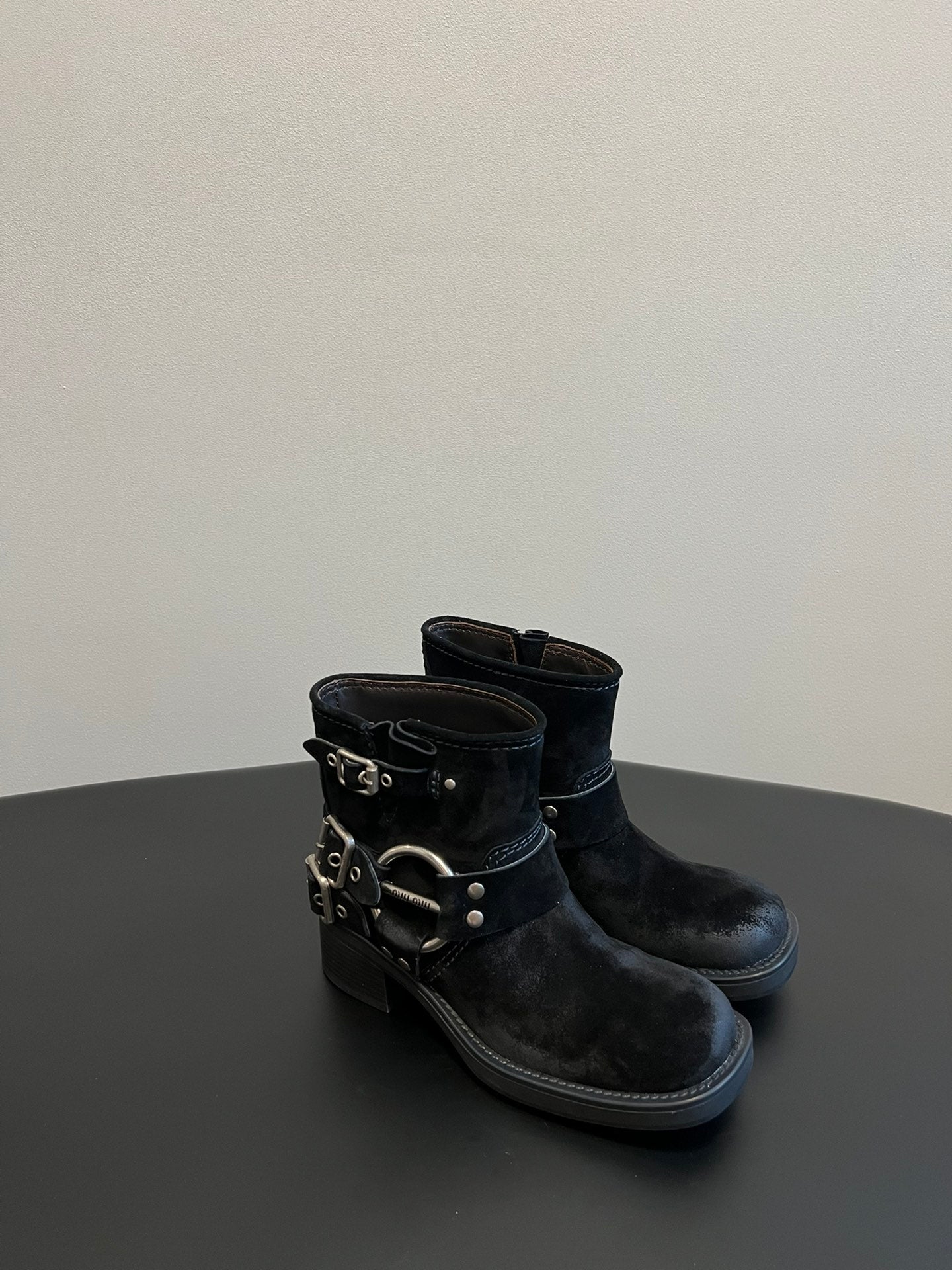 MIUMIU 26S ANKLE BOOTS IN BLACK SUEDE SILVER HARDWARE