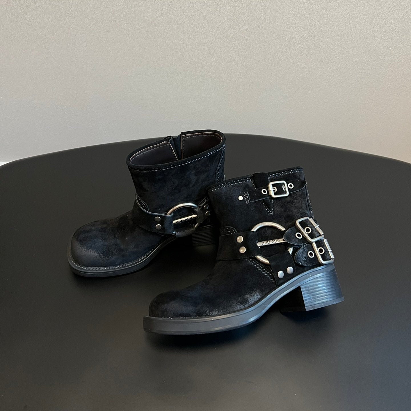 MIUMIU 26S ANKLE BOOTS IN BLACK SUEDE SILVER HARDWARE