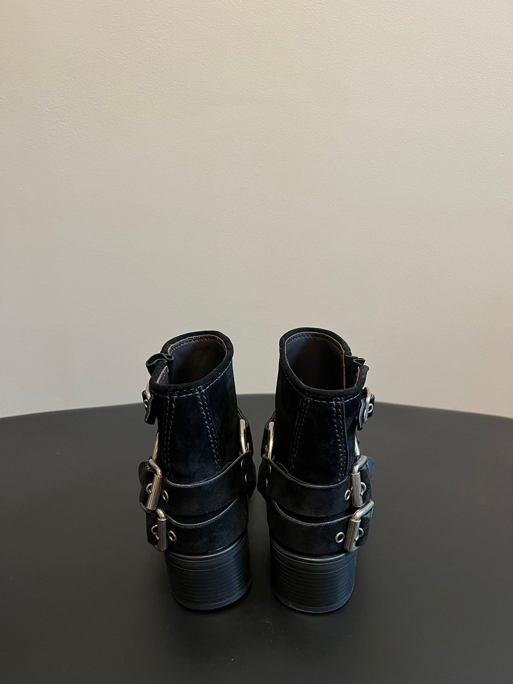 MIUMIU 26S ANKLE BOOTS IN BLACK SUEDE SILVER HARDWARE