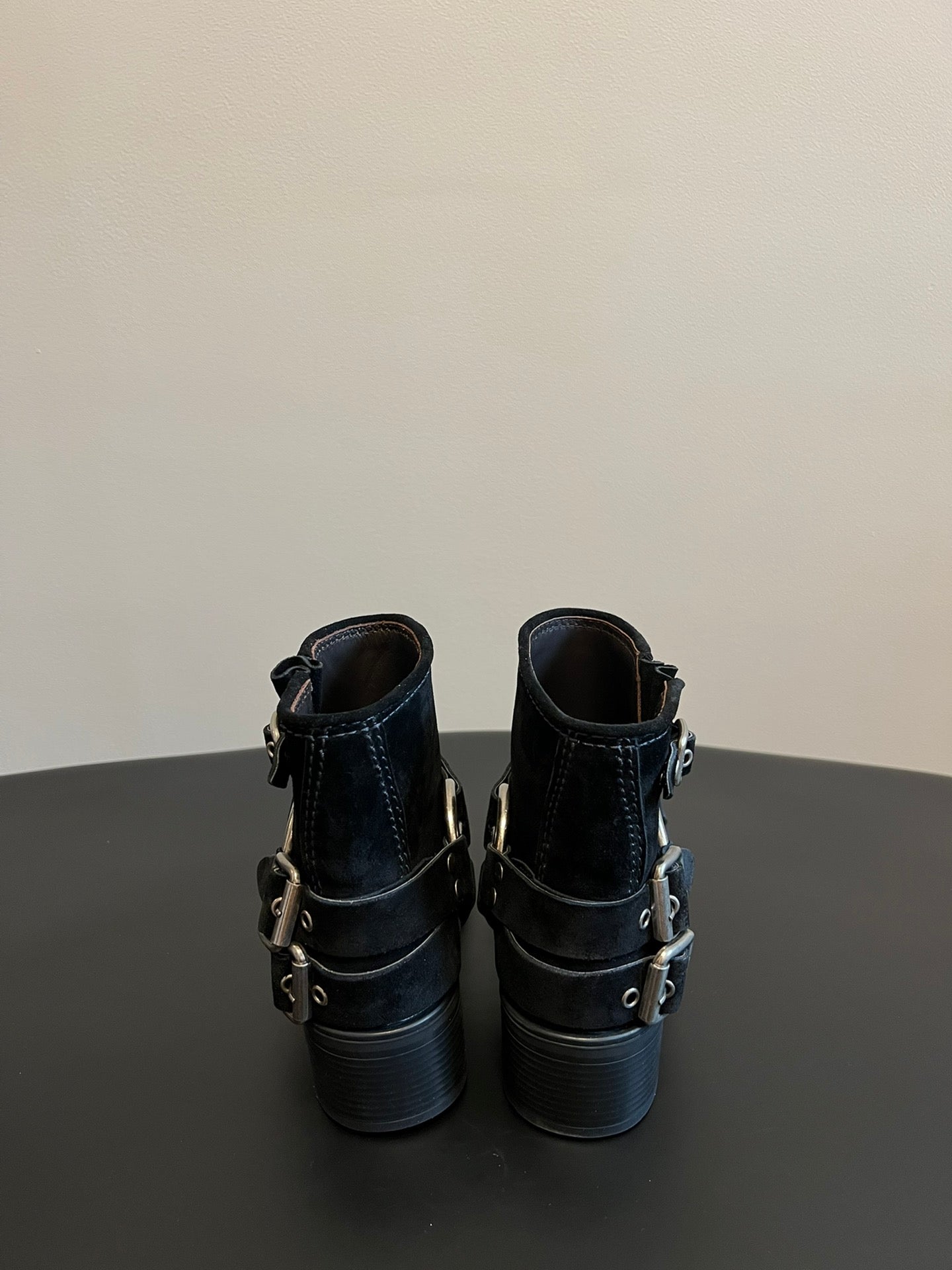 MIUMIU 26S ANKLE BOOTS IN BLACK SUEDE SILVER HARDWARE