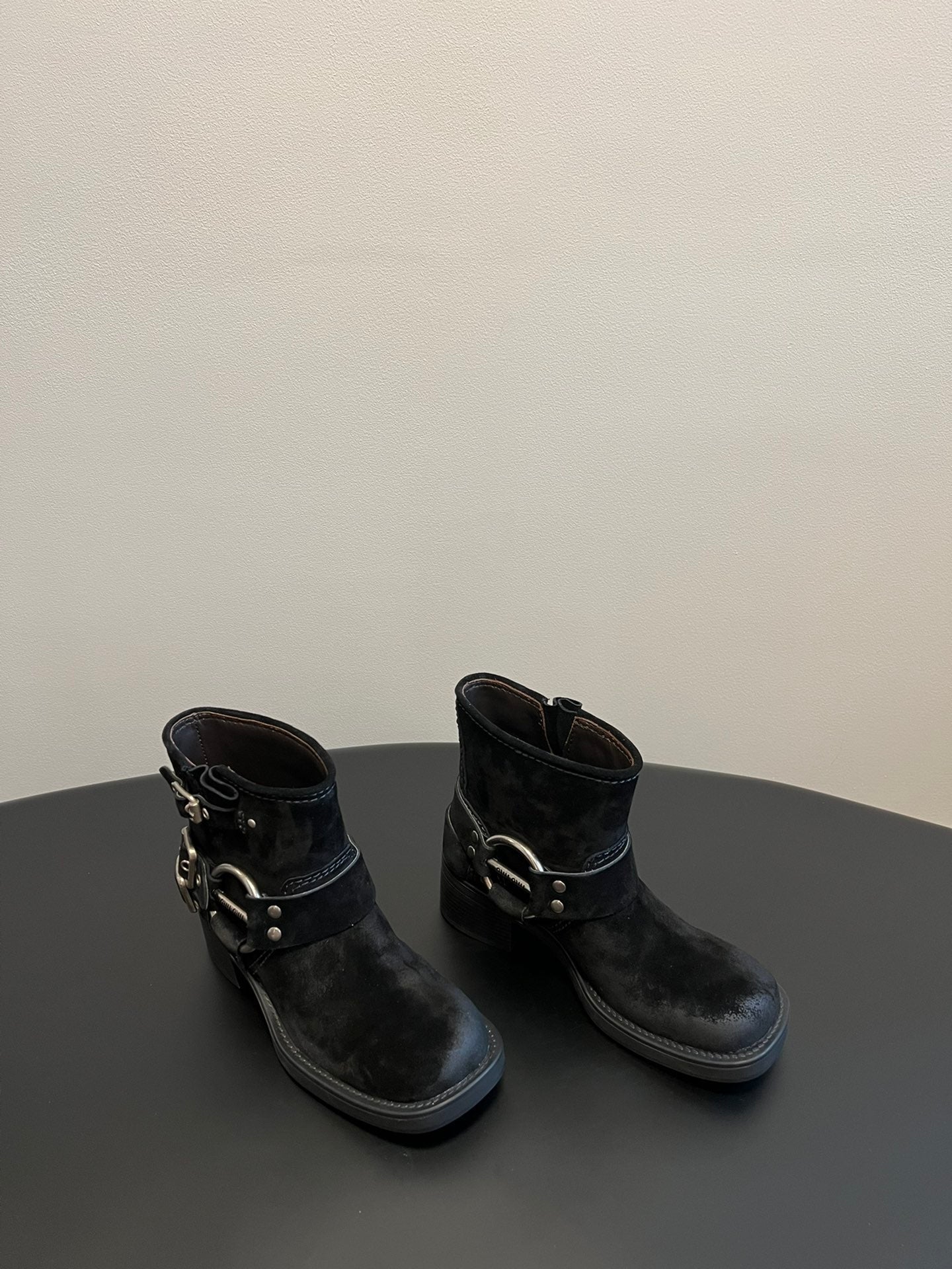 MIUMIU 26S ANKLE BOOTS IN BLACK SUEDE SILVER HARDWARE