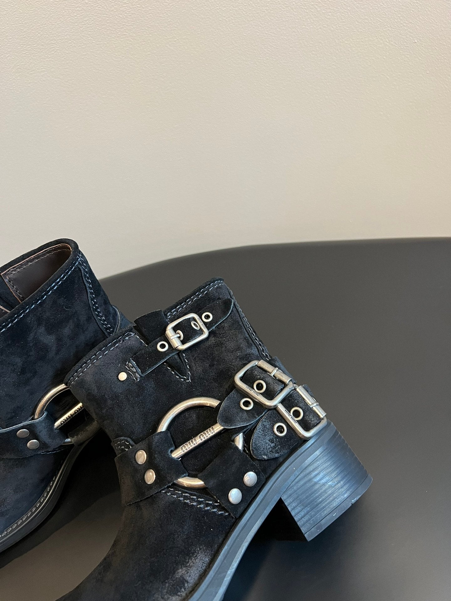MIUMIU 26S ANKLE BOOTS IN BLACK SUEDE SILVER HARDWARE