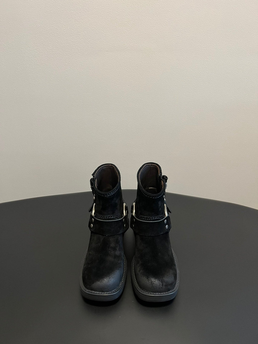 MIUMIU 26S ANKLE BOOTS IN BLACK SUEDE SILVER HARDWARE