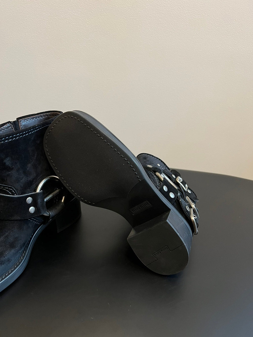 MIUMIU 26S ANKLE BOOTS IN BLACK SUEDE SILVER HARDWARE