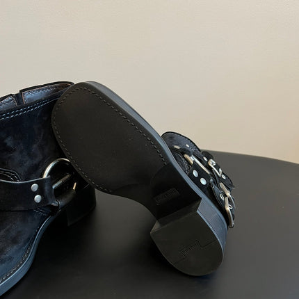 MIUMIU 26S ANKLE BOOTS IN BLACK SUEDE SILVER HARDWARE