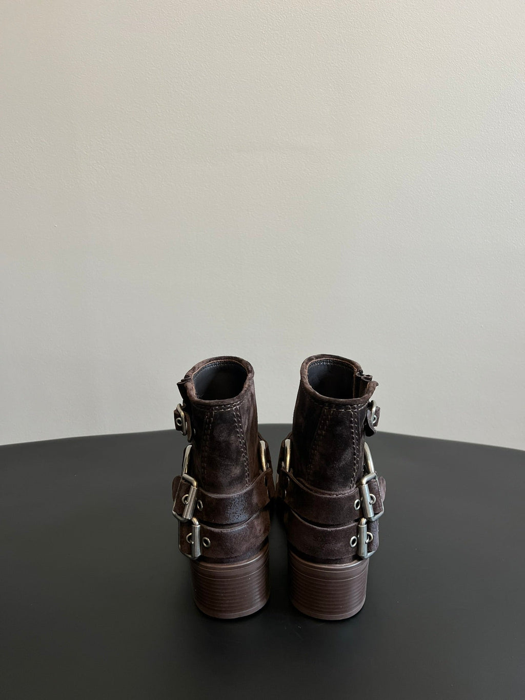 MIUMIU 26S ANKLE BOOTS IN DARK BROWN SUEDE SILVER HARDWARE