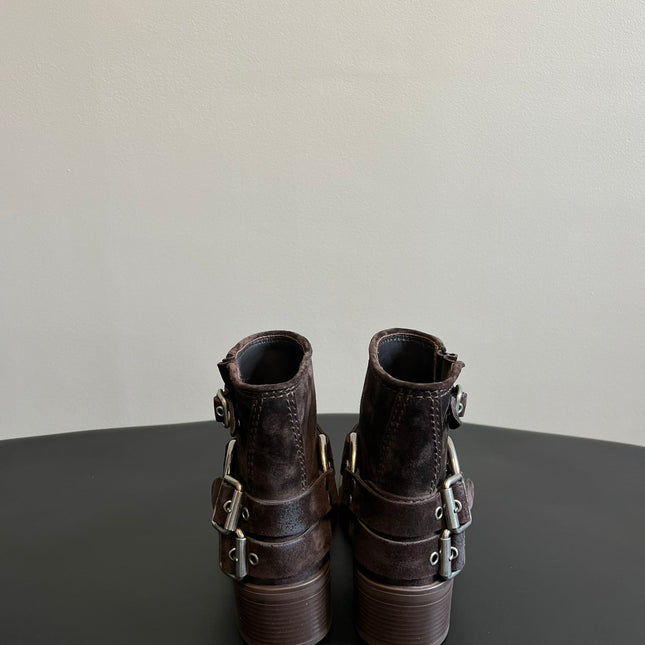 MIUMIU 26S ANKLE BOOTS IN DARK BROWN SUEDE SILVER HARDWARE