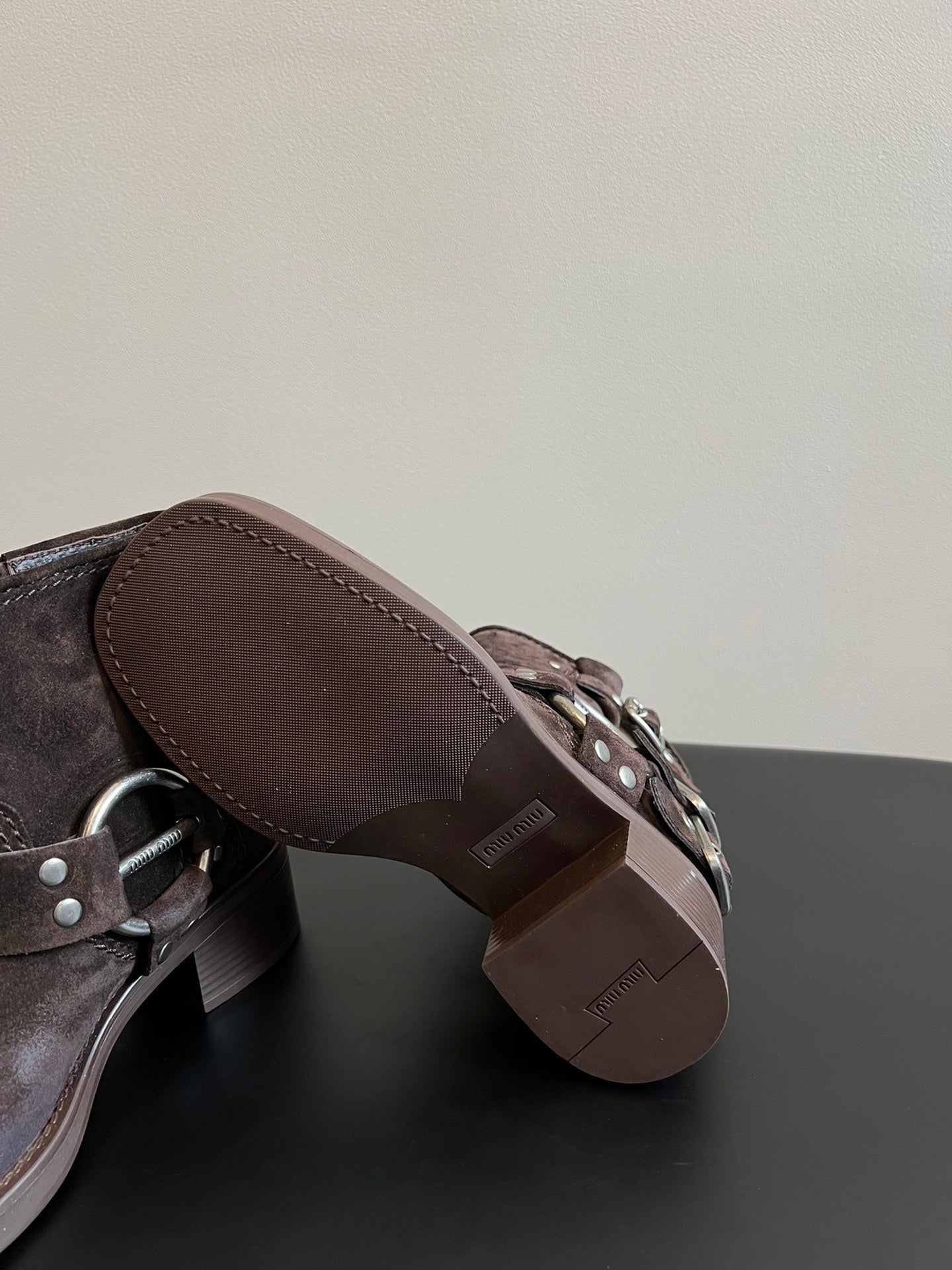 MIUMIU 26S ANKLE BOOTS IN DARK BROWN SUEDE SILVER HARDWARE