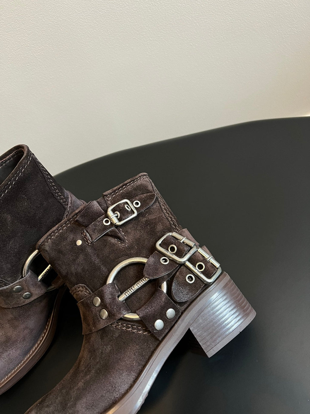 MIUMIU 26S ANKLE BOOTS IN DARK BROWN SUEDE SILVER HARDWARE