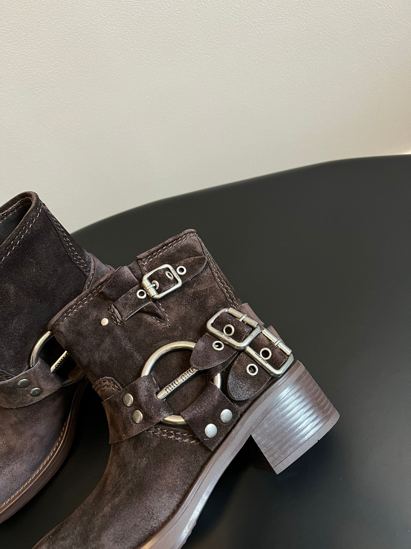MIUMIU 26S ANKLE BOOTS IN DARK BROWN SUEDE SILVER HARDWARE