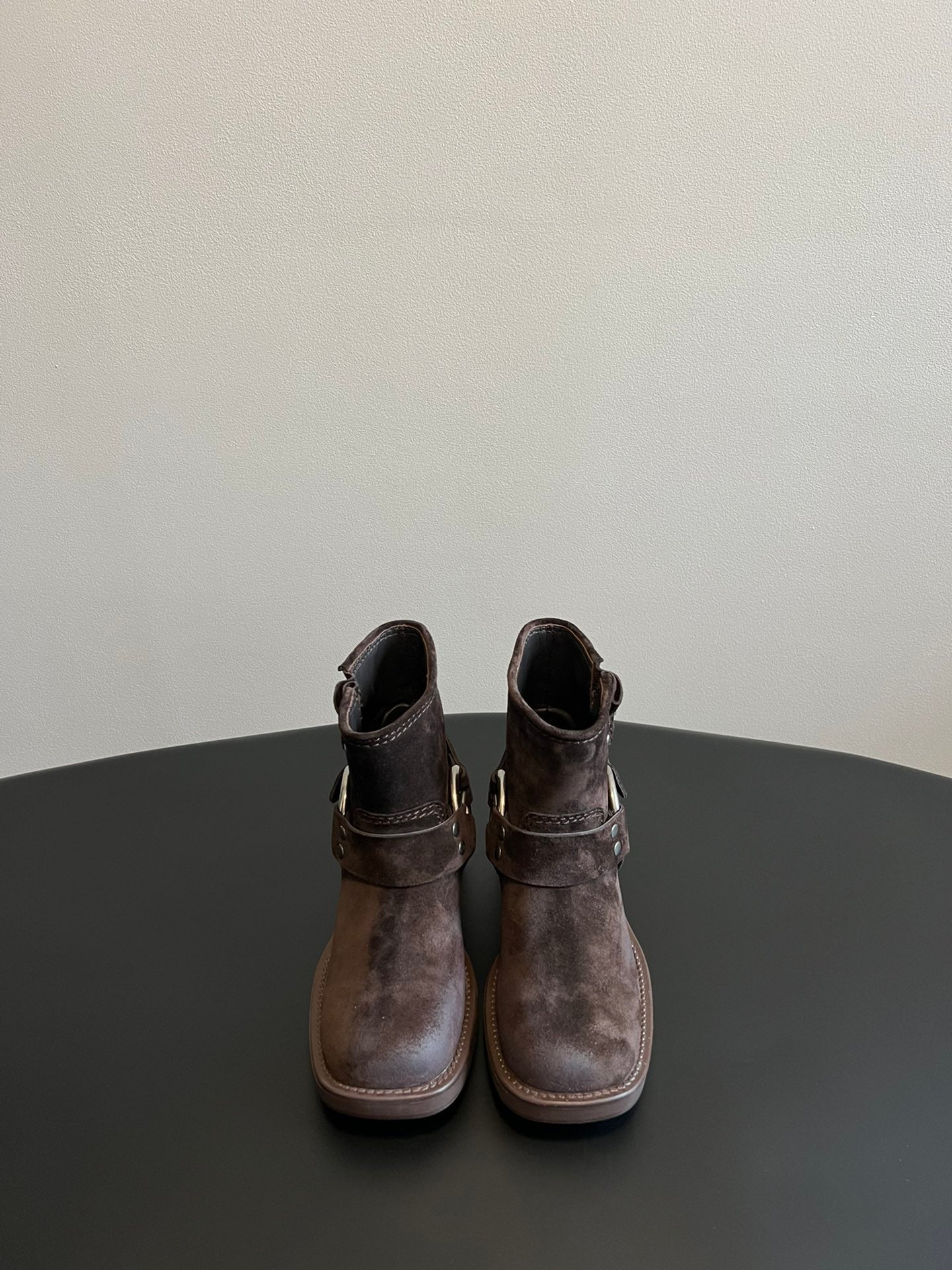 MIUMIU 26S ANKLE BOOTS IN DARK BROWN SUEDE SILVER HARDWARE
