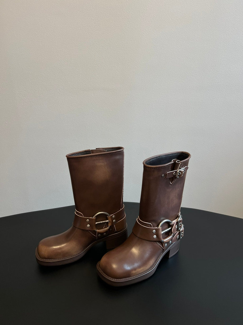 MIUMIU 26S MID-CALF BOOTS IN BROWN CALFSKIN SILVER HARDWARE