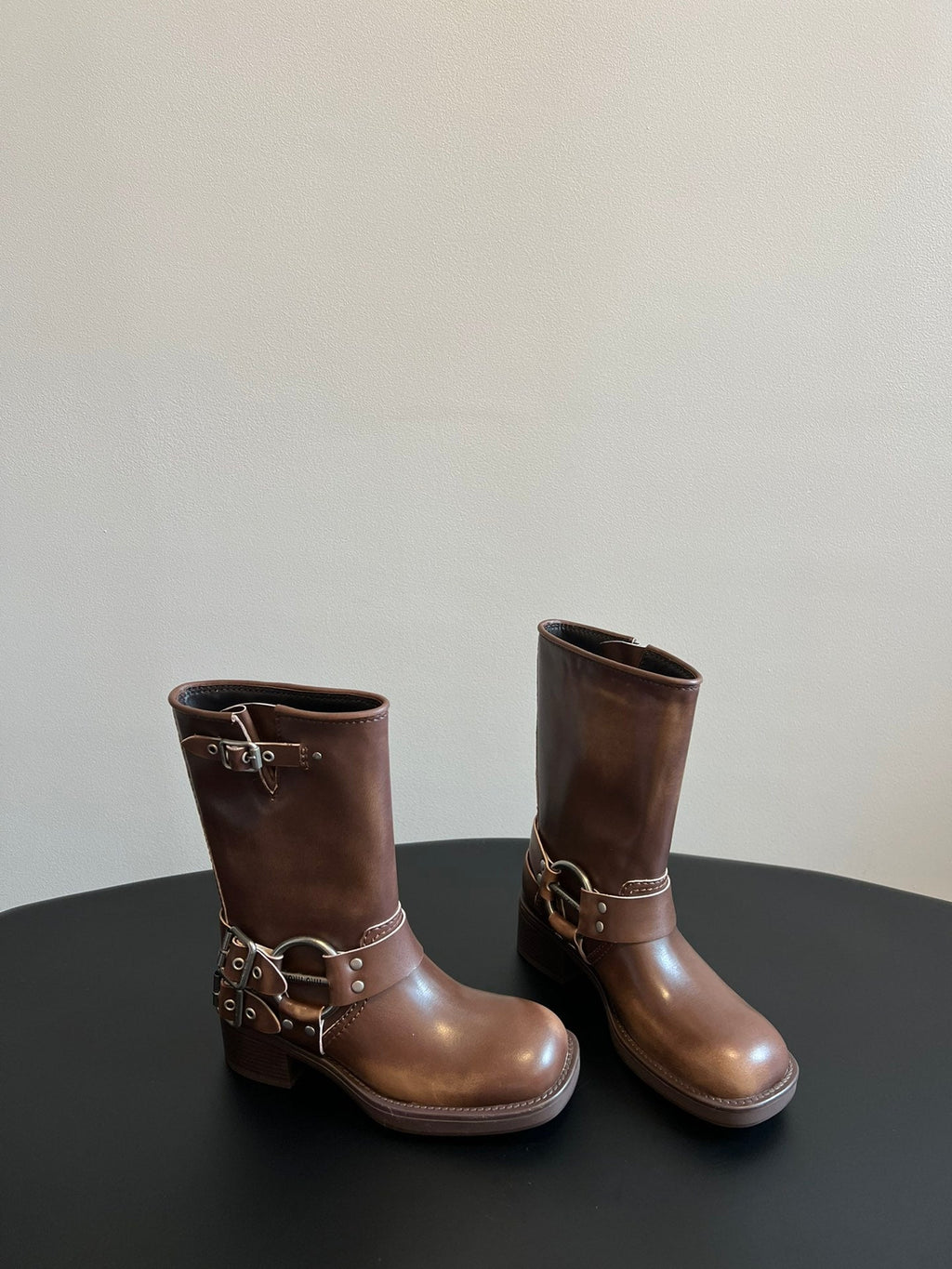 MIUMIU 26S MID-CALF BOOTS IN BROWN CALFSKIN SILVER HARDWARE
