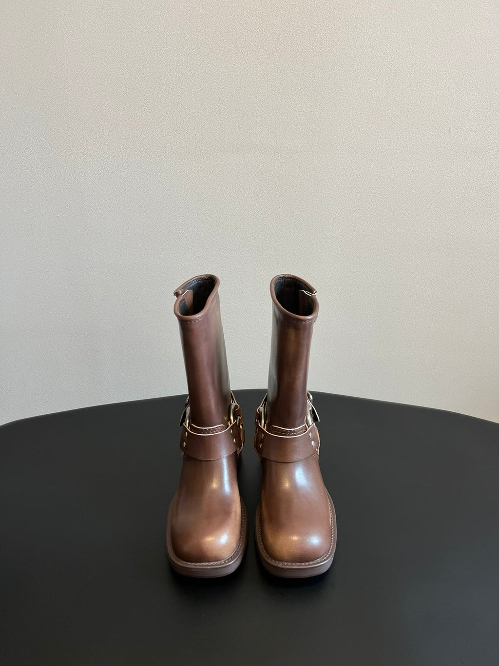 MIUMIU 26S MID-CALF BOOTS IN BROWN CALFSKIN SILVER HARDWARE
