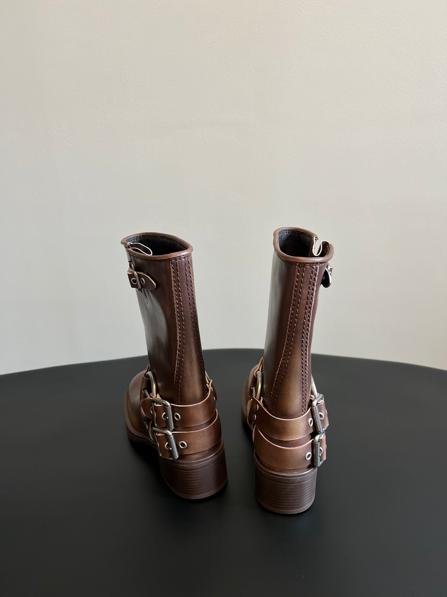 MIUMIU 26S MID-CALF BOOTS IN BROWN CALFSKIN SILVER HARDWARE