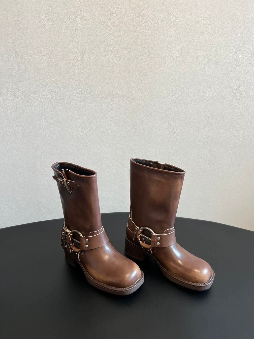 MIUMIU 26S MID-CALF BOOTS IN BROWN CALFSKIN SILVER HARDWARE