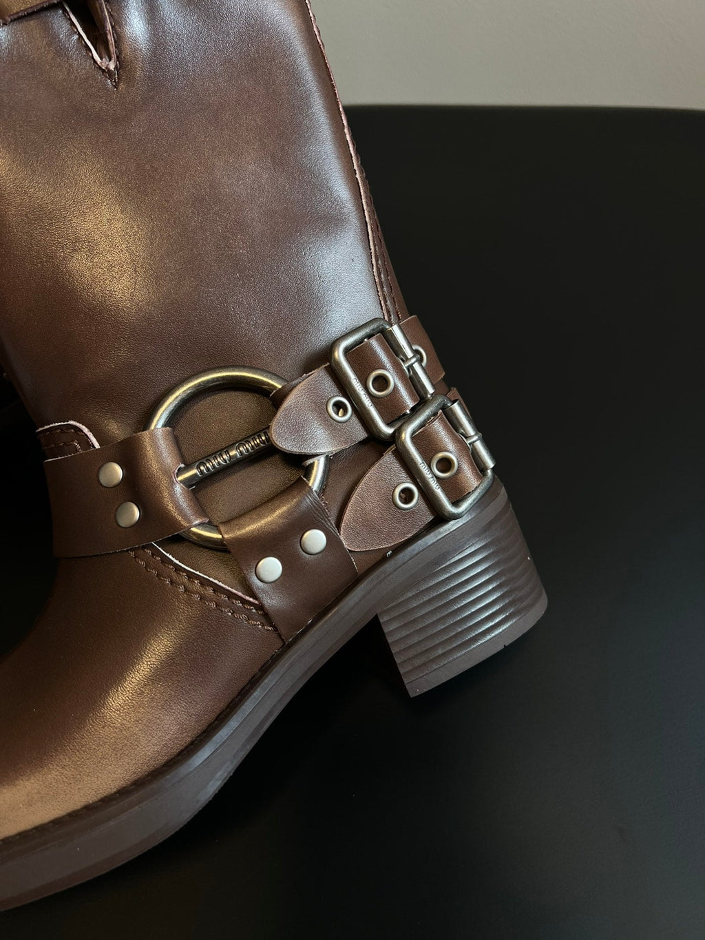 MIUMIU 26S MID-CALF BOOTS IN BROWN CALFSKIN SILVER HARDWARE