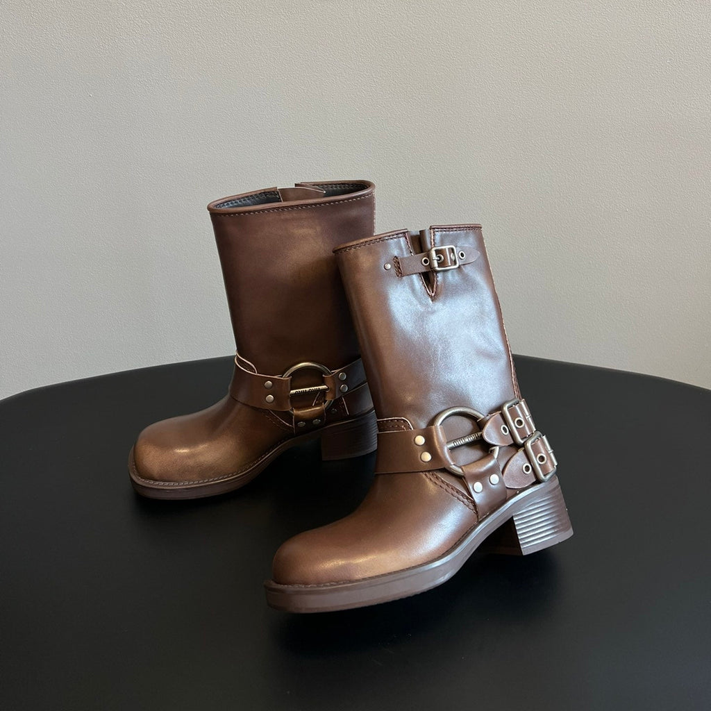 MIUMIU 26S MID-CALF BOOTS IN BROWN CALFSKIN SILVER HARDWARE