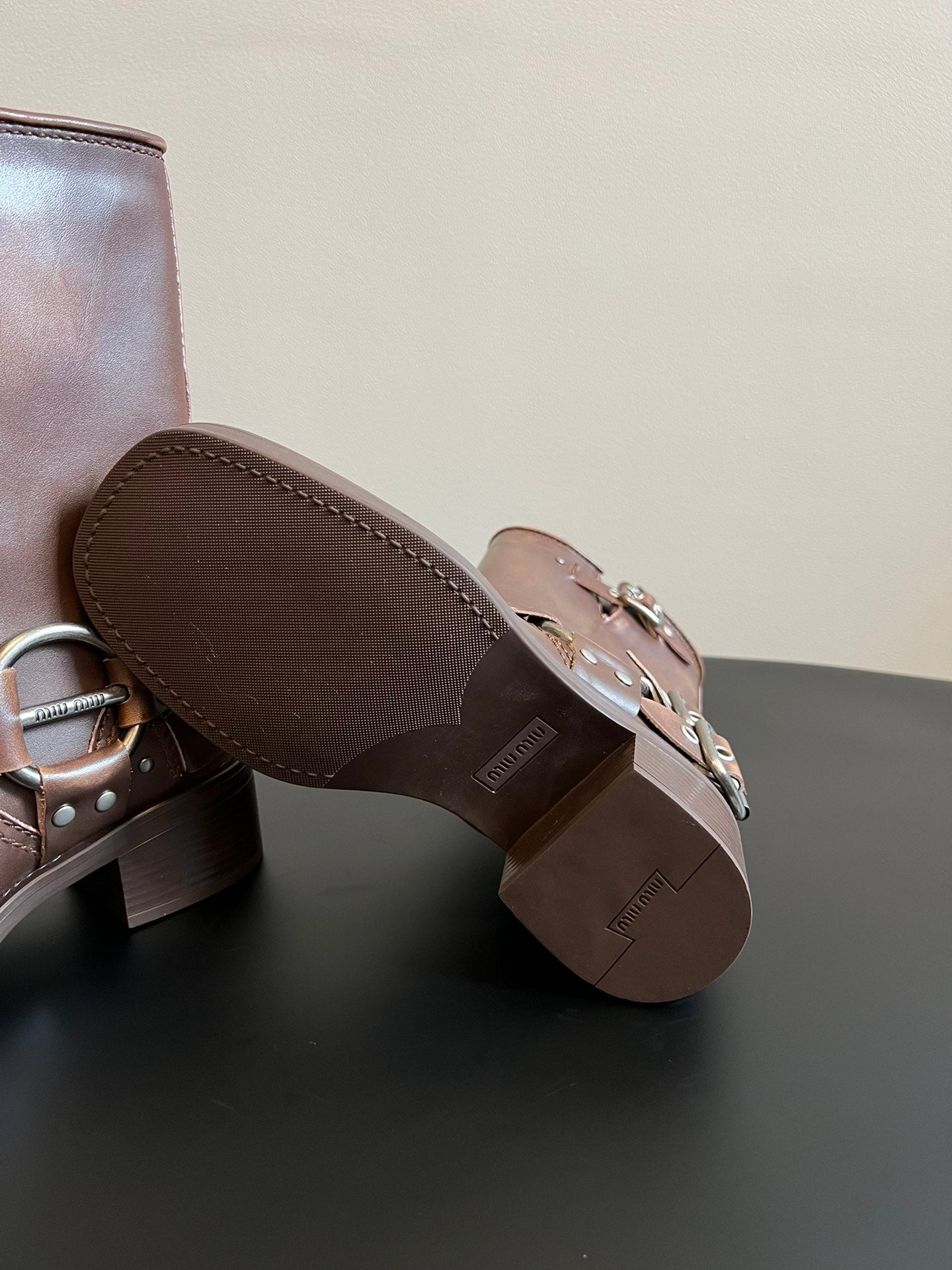 MIUMIU 26S MID-CALF BOOTS IN BROWN CALFSKIN SILVER HARDWARE