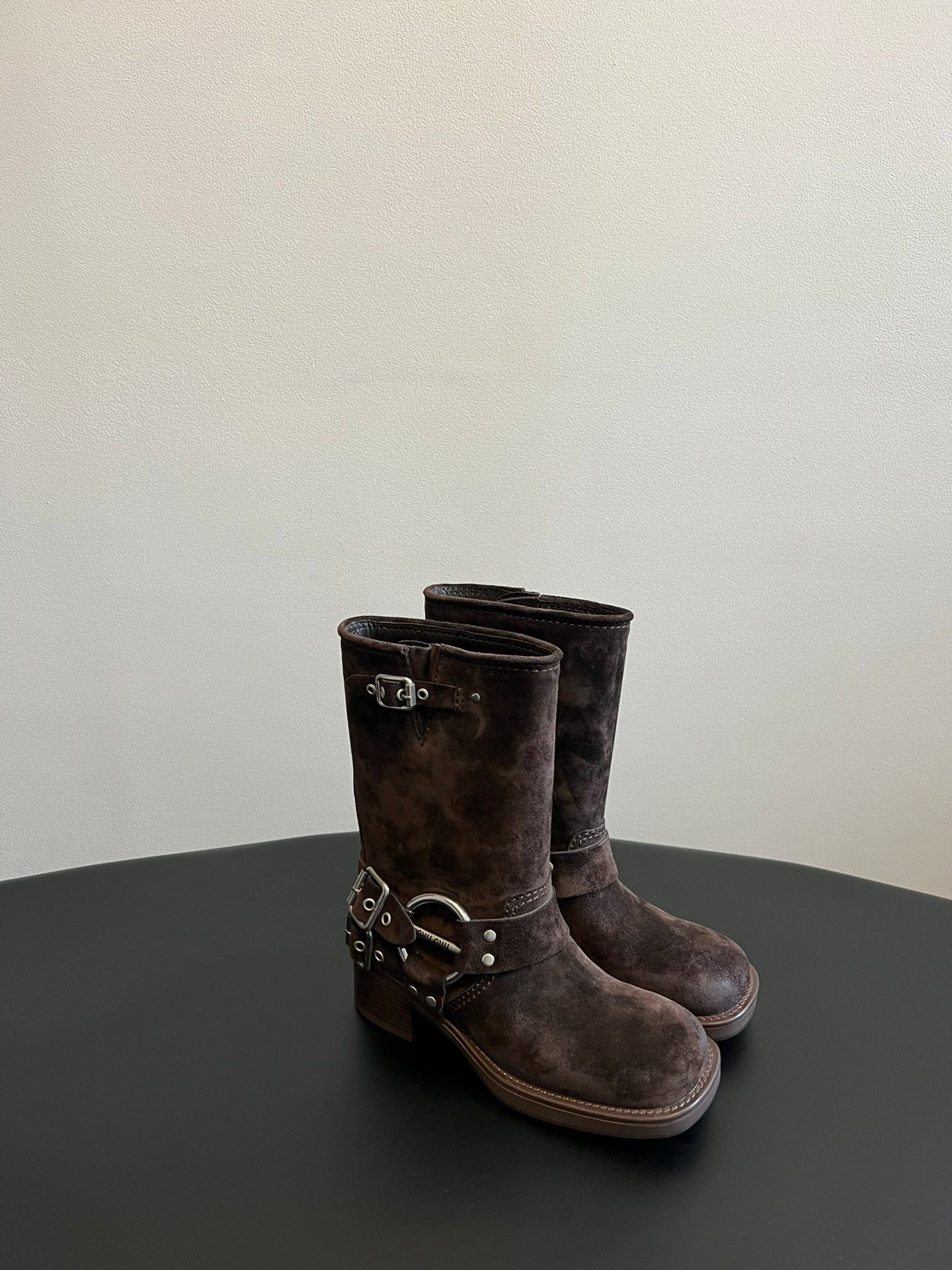 MIUMIU 26S MID-CALF BOOTS IN DARK BROWN SUEDE SILVER HARDWARE