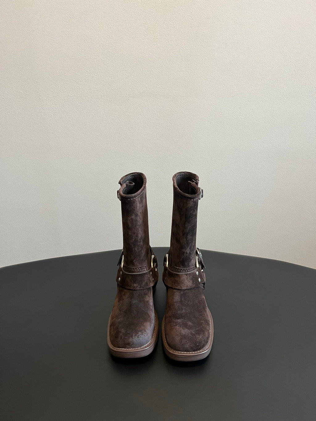 MIUMIU 26S MID-CALF BOOTS IN DARK BROWN SUEDE SILVER HARDWARE