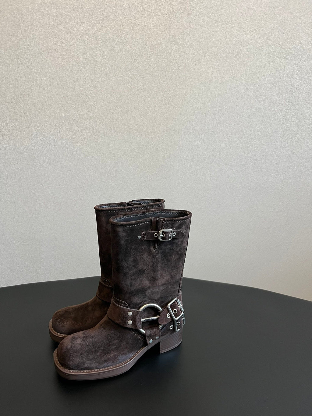 MIUMIU 26S MID-CALF BOOTS IN DARK BROWN SUEDE SILVER HARDWARE