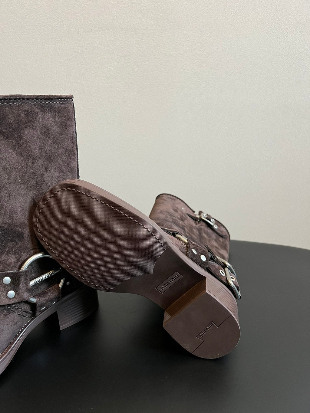 MIUMIU 26S MID-CALF BOOTS IN DARK BROWN SUEDE SILVER HARDWARE