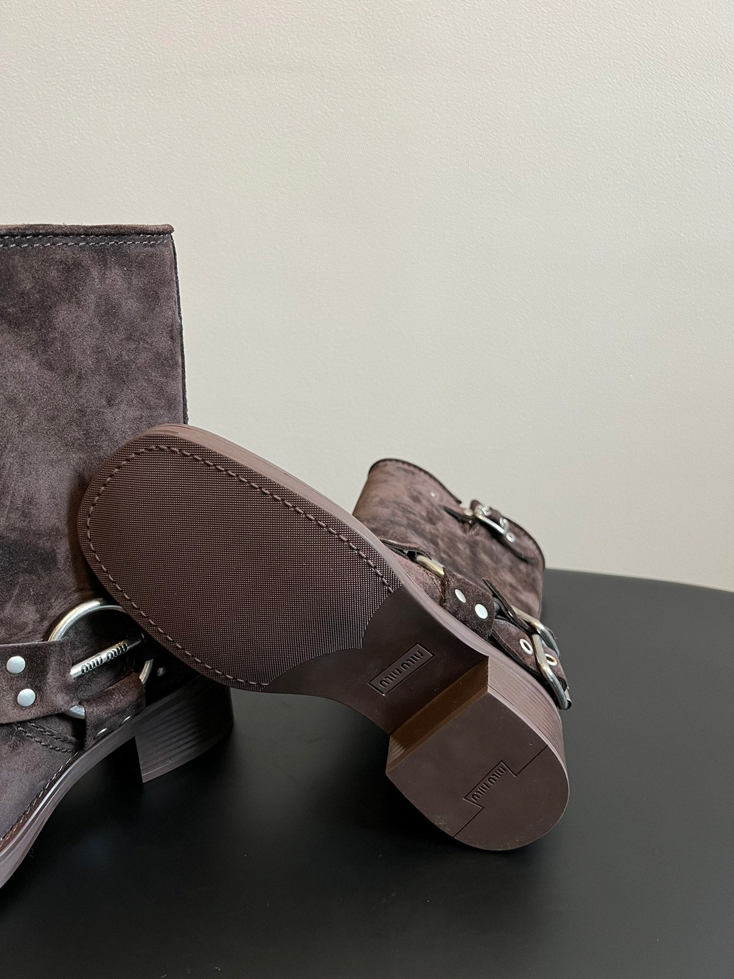 MIUMIU 26S MID-CALF BOOTS IN DARK BROWN SUEDE SILVER HARDWARE