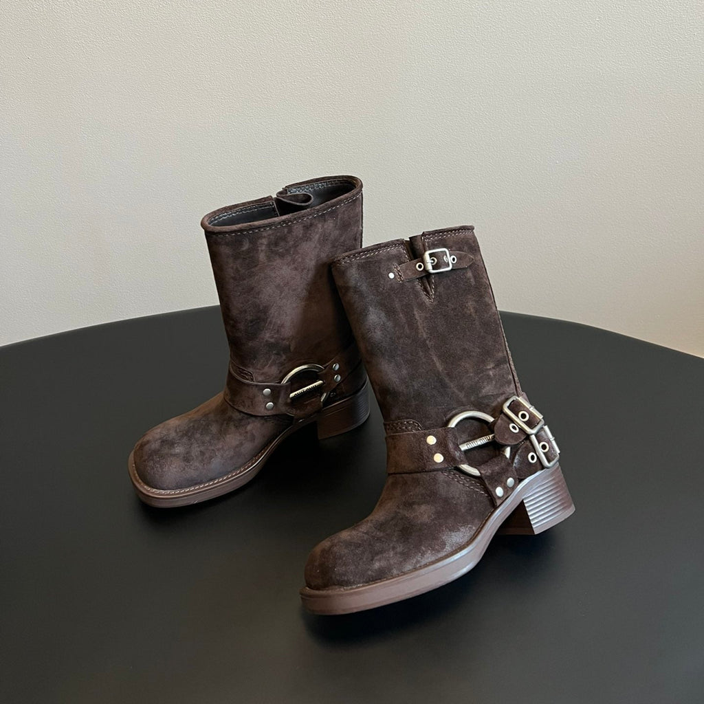 MIUMIU 26S MID-CALF BOOTS IN DARK BROWN SUEDE SILVER HARDWARE