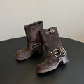 MIUMIU 26S MID-CALF BOOTS IN DARK BROWN SUEDE SILVER HARDWARE