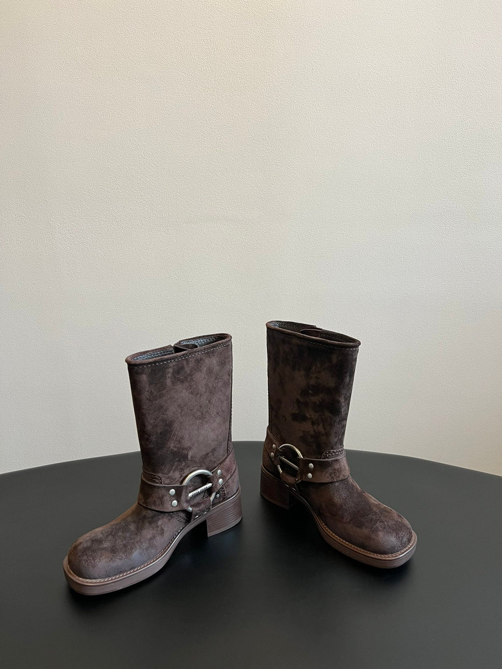 MIUMIU 26S MID-CALF BOOTS IN DARK BROWN SUEDE SILVER HARDWARE