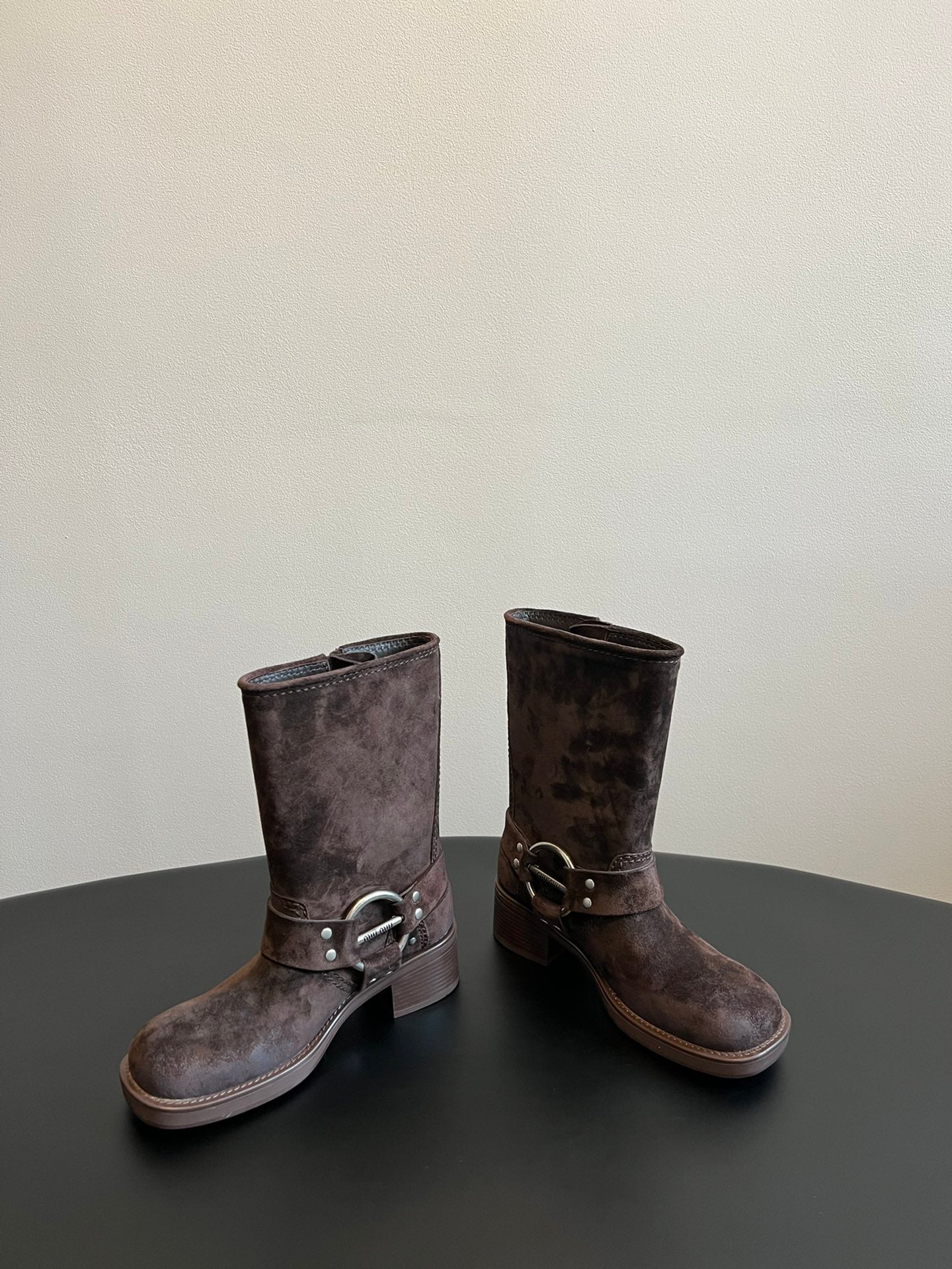 MIUMIU 26S MID-CALF BOOTS IN DARK BROWN SUEDE SILVER HARDWARE