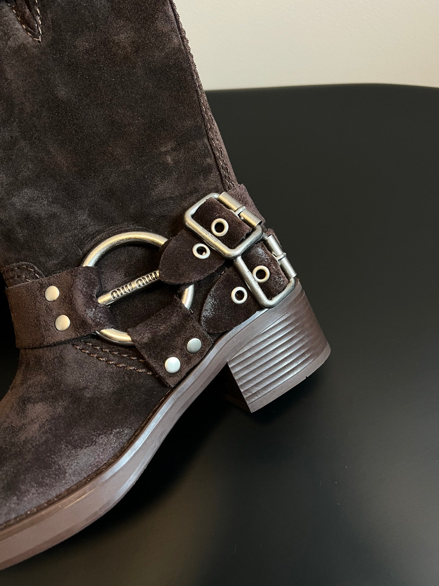 MIUMIU 26S MID-CALF BOOTS IN DARK BROWN SUEDE SILVER HARDWARE