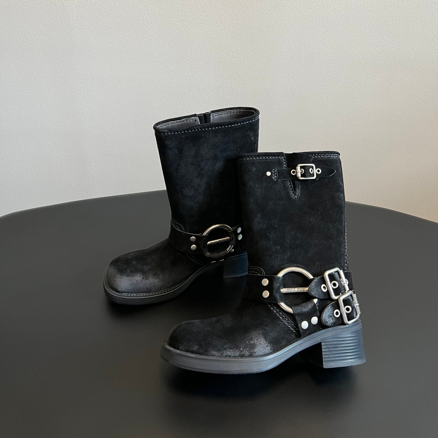 MIUMIU 26S MID-CALF BOOTS IN BLACK SUEDE SILVER HARDWARE