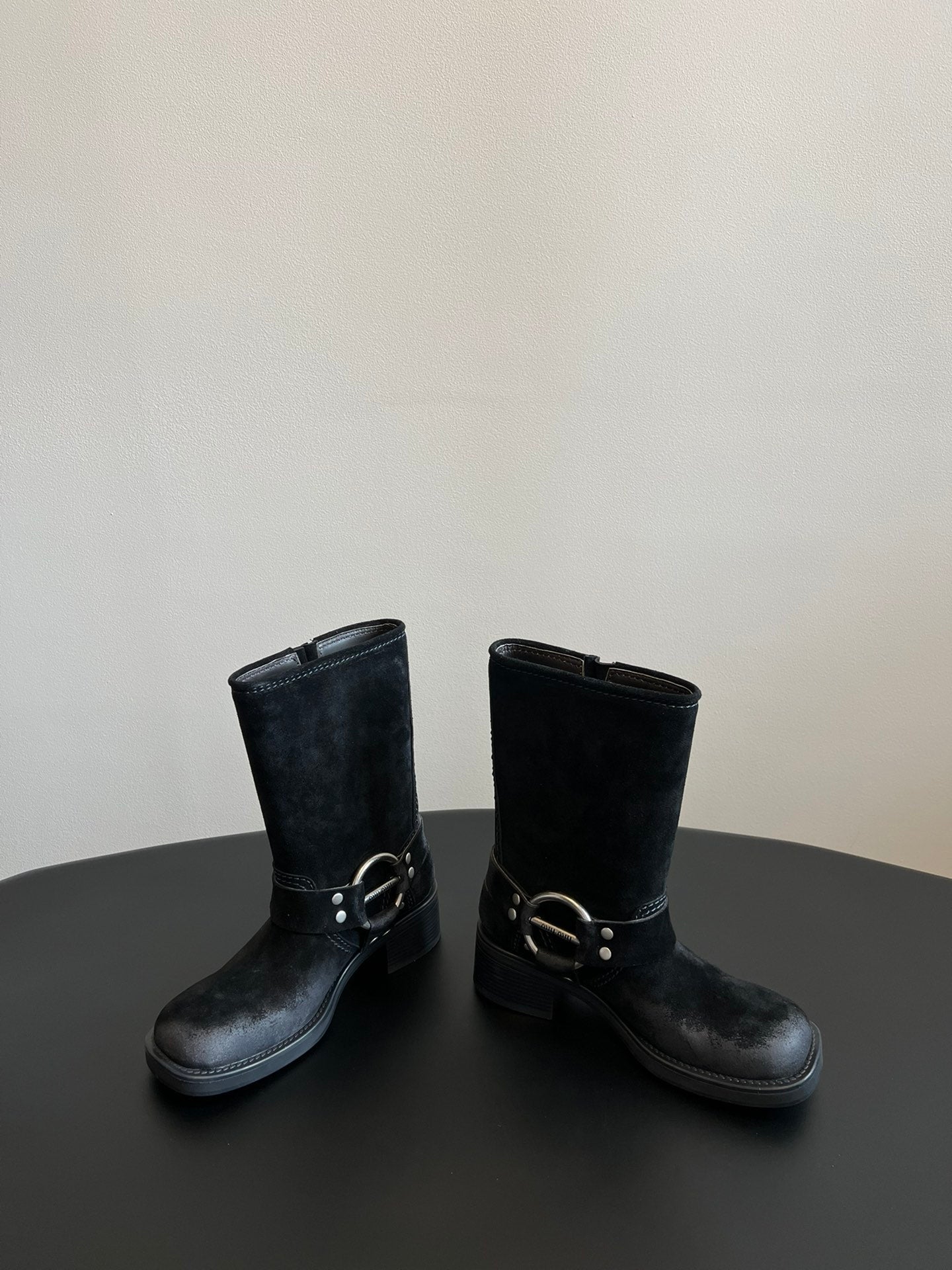 MIUMIU 26S MID-CALF BOOTS IN BLACK SUEDE SILVER HARDWARE