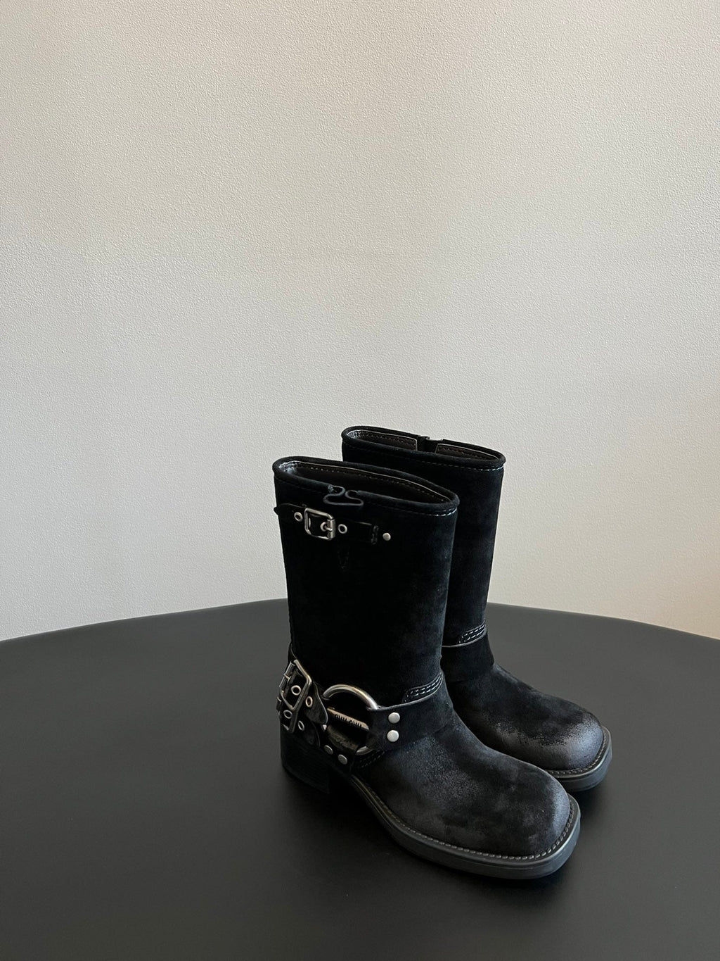 MIUMIU 26S MID-CALF BOOTS IN BLACK SUEDE SILVER HARDWARE