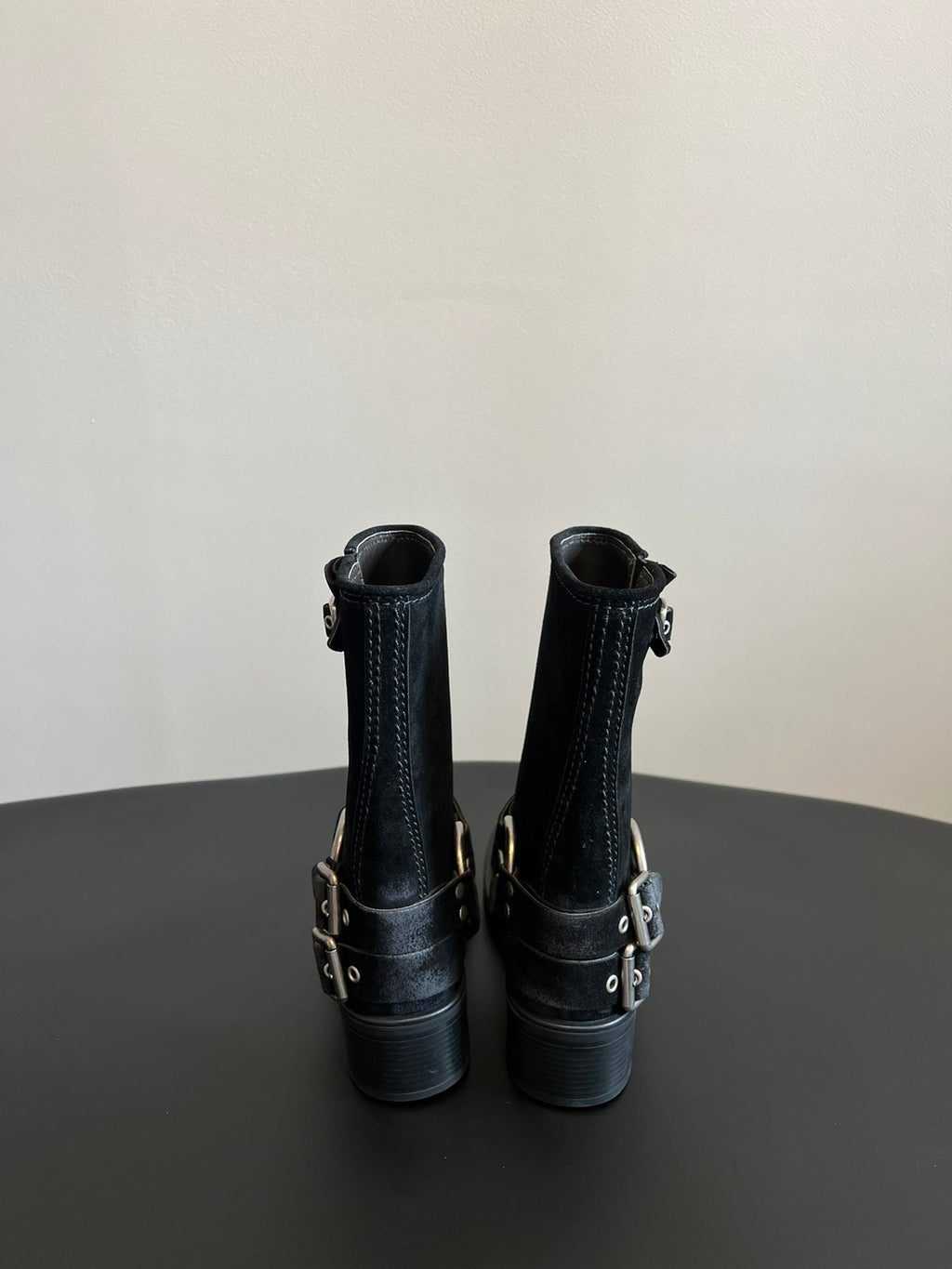 MIUMIU 26S MID-CALF BOOTS IN BLACK SUEDE SILVER HARDWARE