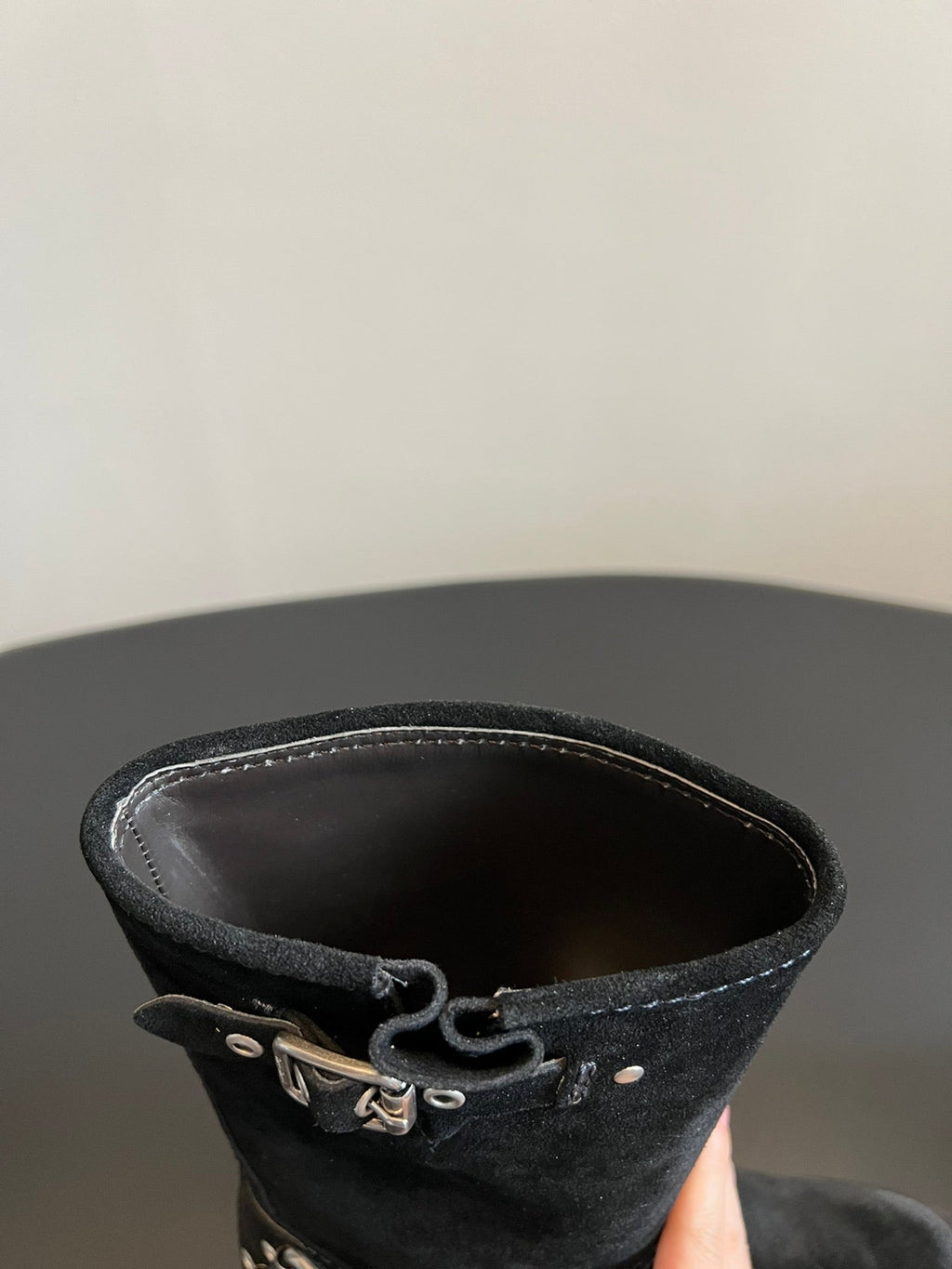 MIUMIU 26S MID-CALF BOOTS IN BLACK SUEDE SILVER HARDWARE