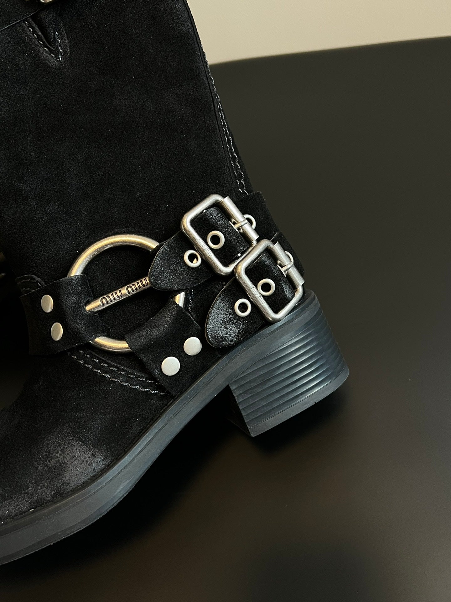MIUMIU 26S MID-CALF BOOTS IN BLACK SUEDE SILVER HARDWARE
