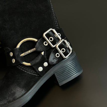 MIUMIU 26S MID-CALF BOOTS IN BLACK SUEDE SILVER HARDWARE