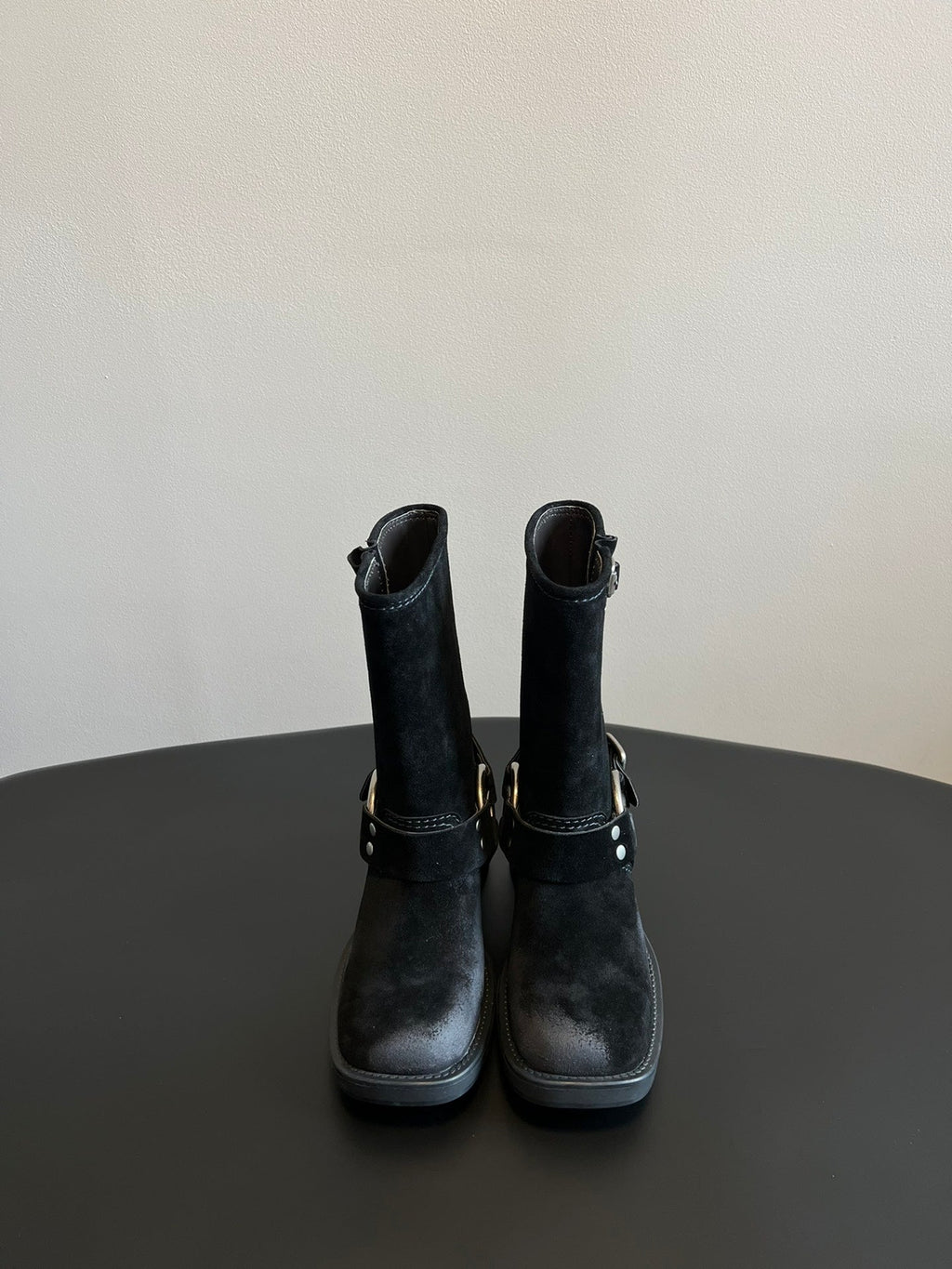 MIUMIU 26S MID-CALF BOOTS IN BLACK SUEDE SILVER HARDWARE
