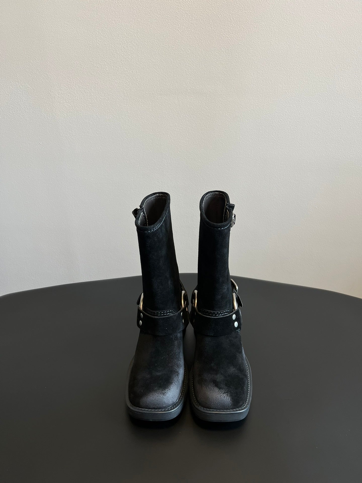 MIUMIU 26S MID-CALF BOOTS IN BLACK SUEDE SILVER HARDWARE