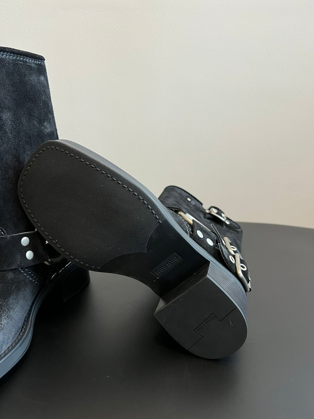 MIUMIU 26S MID-CALF BOOTS IN BLACK SUEDE SILVER HARDWARE