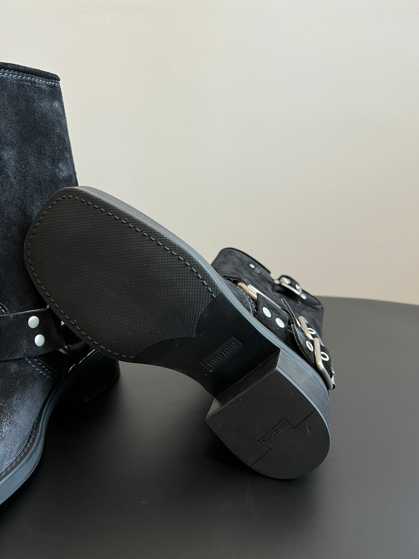 MIUMIU 26S MID-CALF BOOTS IN BLACK SUEDE SILVER HARDWARE