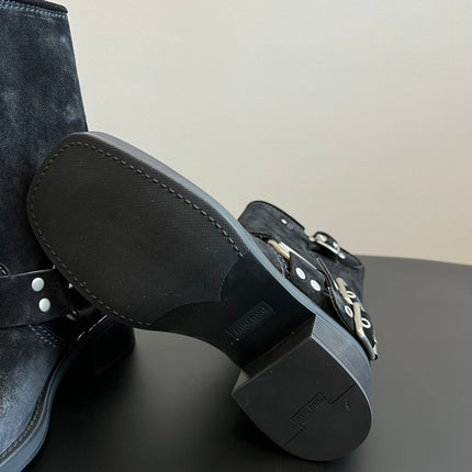 MIUMIU 26S MID-CALF BOOTS IN BLACK SUEDE SILVER HARDWARE