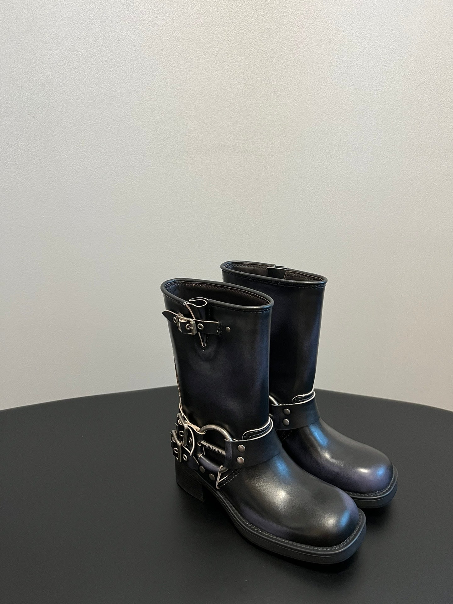 MIUMIU 26S MID-CALF BOOTS IN BLACK CALFSKIN SILVER HARDWARE