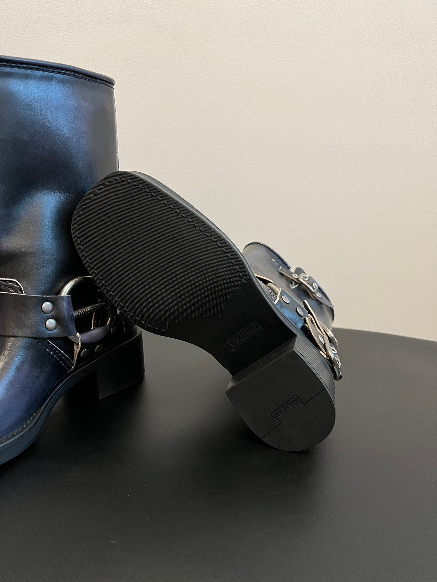 MIUMIU 26S MID-CALF BOOTS IN BLACK CALFSKIN SILVER HARDWARE