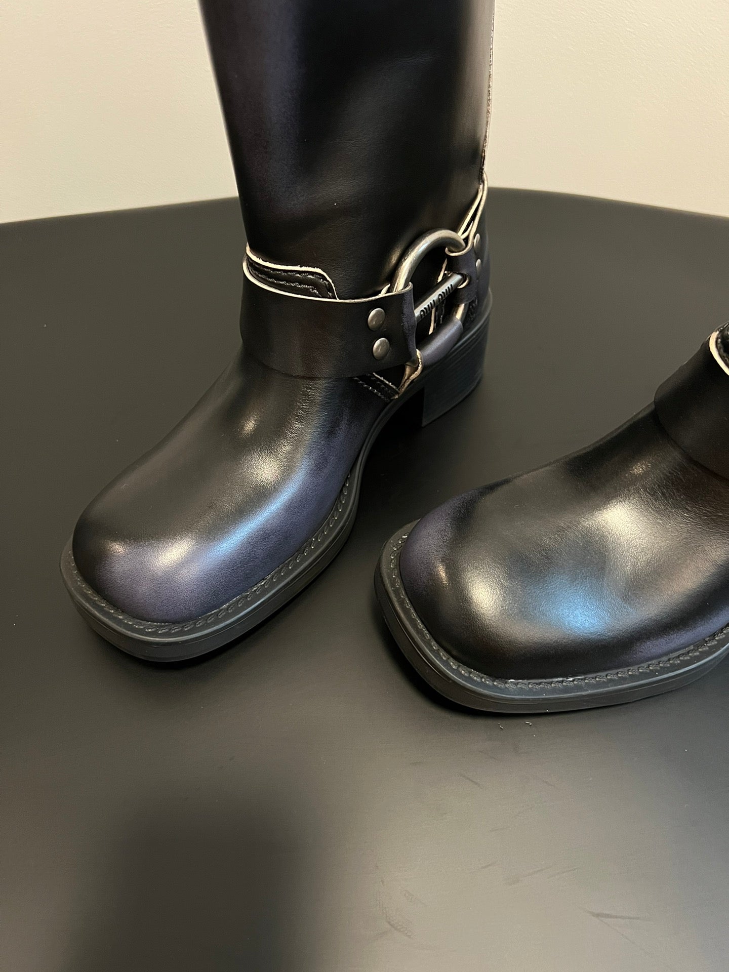 MIUMIU 26S MID-CALF BOOTS IN BLACK CALFSKIN SILVER HARDWARE